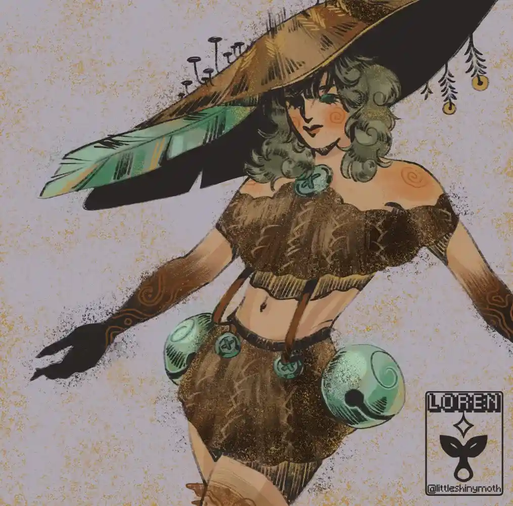 A tree-like character with soft fluffy clothing and a straw hat with mushrooms and a feather on it poses with her arms outstretched.